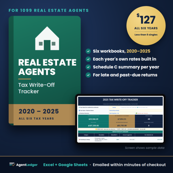 Real Estate Agent prior-year tracker, tax years 2020 to 2025