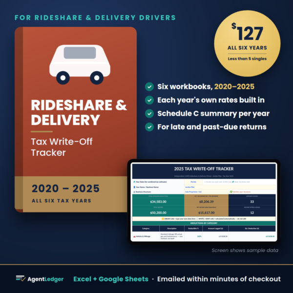 Rideshare & Delivery Driver prior-year tracker, tax years 2020 to 2025